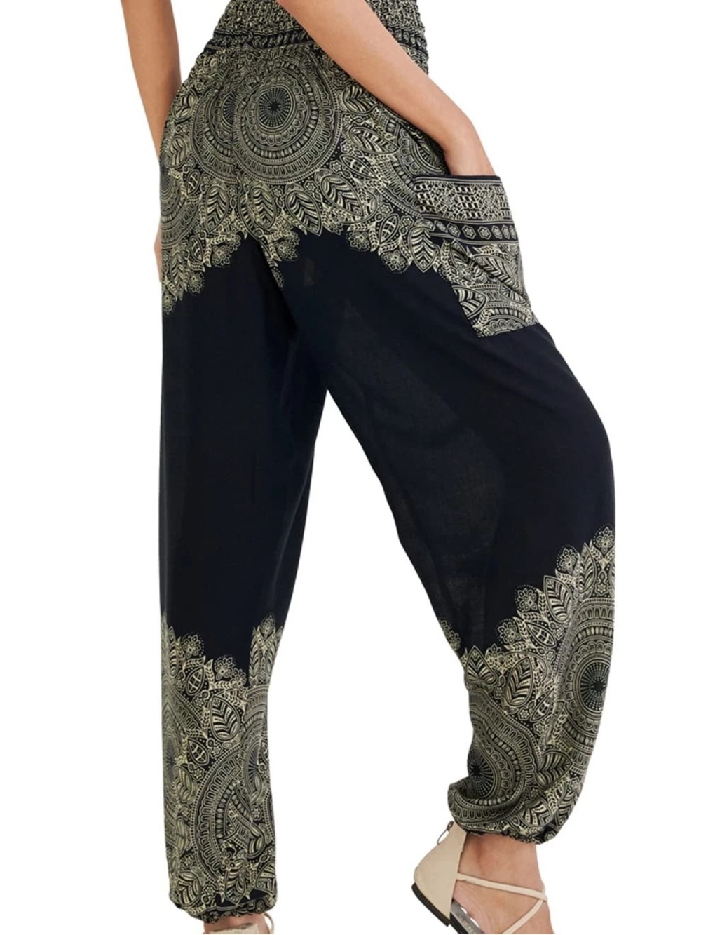 Boho Harem Pants Smocked Hippie Green Mandala Flowy Baggy Wide Leg One Size - Picture 2 of 8